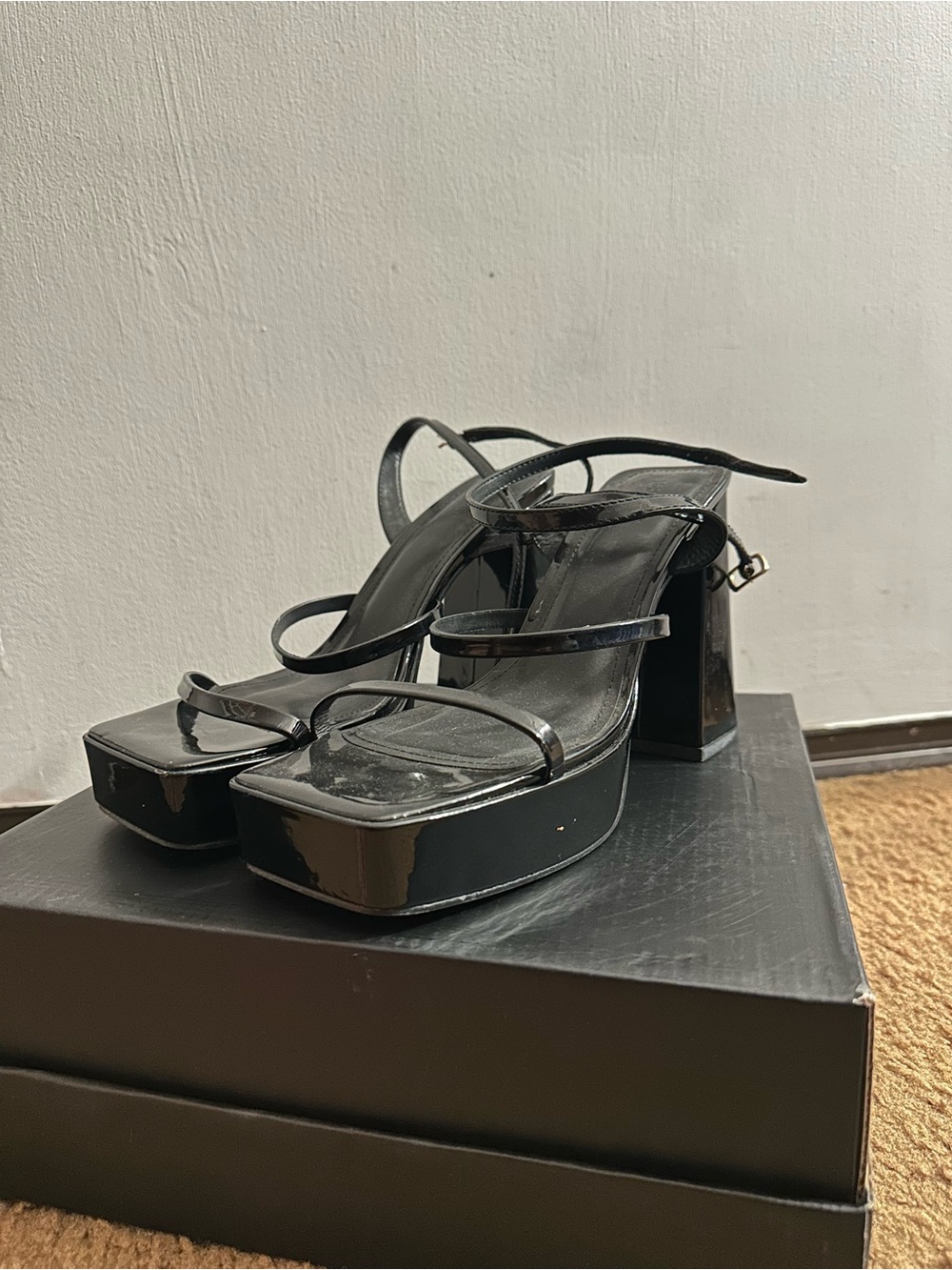 Black Patent Platform Strappy Heels